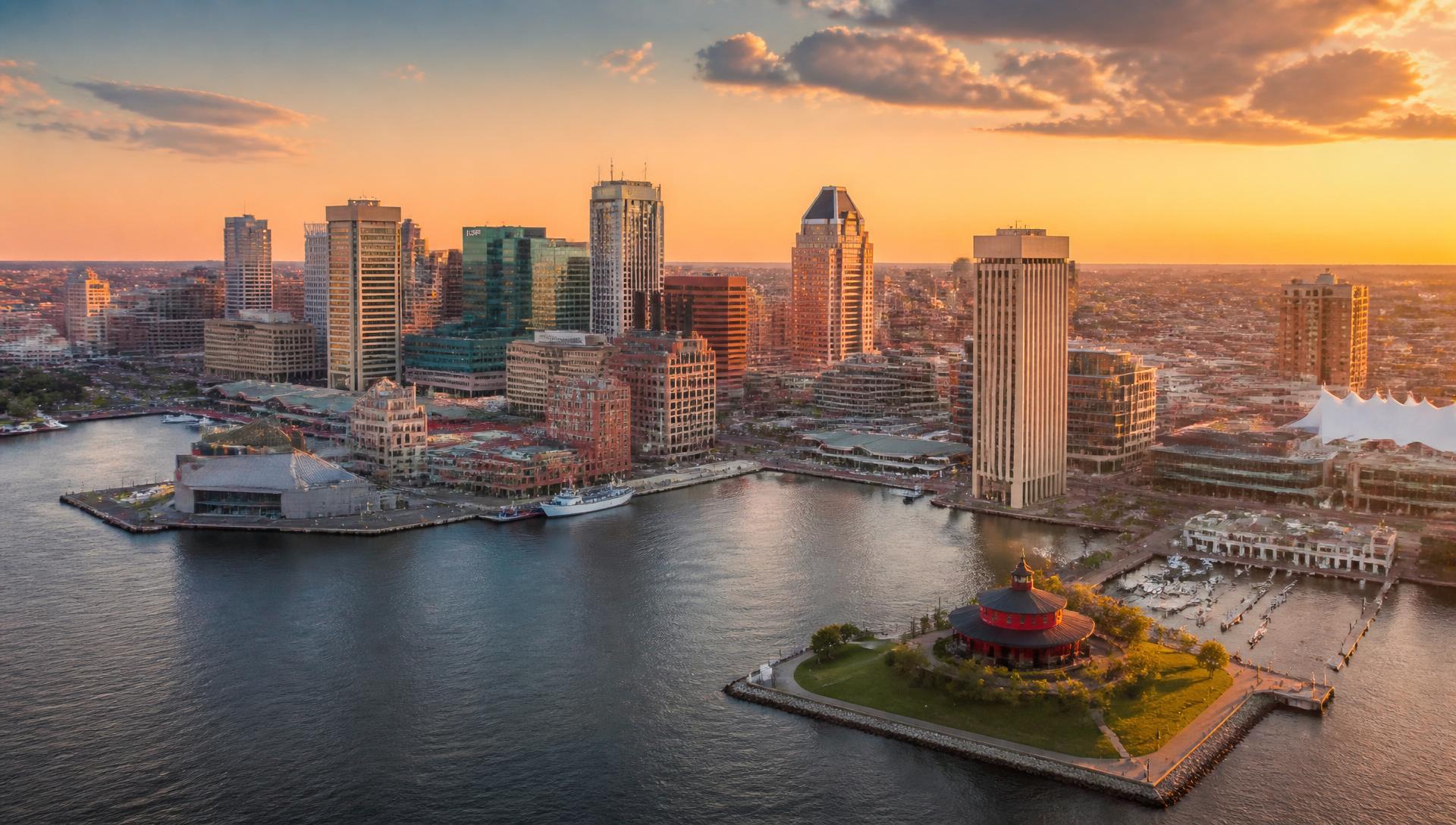 Aerial view of Baltimore Inner Harbor and Maryland skyline at golden hour